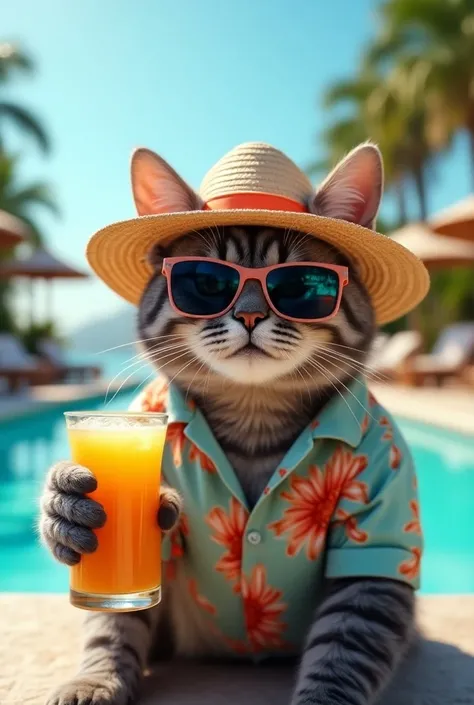 Generate a realistic, high-resolution 8K image of a cat lounging by a poolside, wearing a straw hat and sunglasses. The cat has gray fur with dark stripes and is dressed in a Hawaiian shirt with bright floral patterns. It is holding a glass filled with a r...