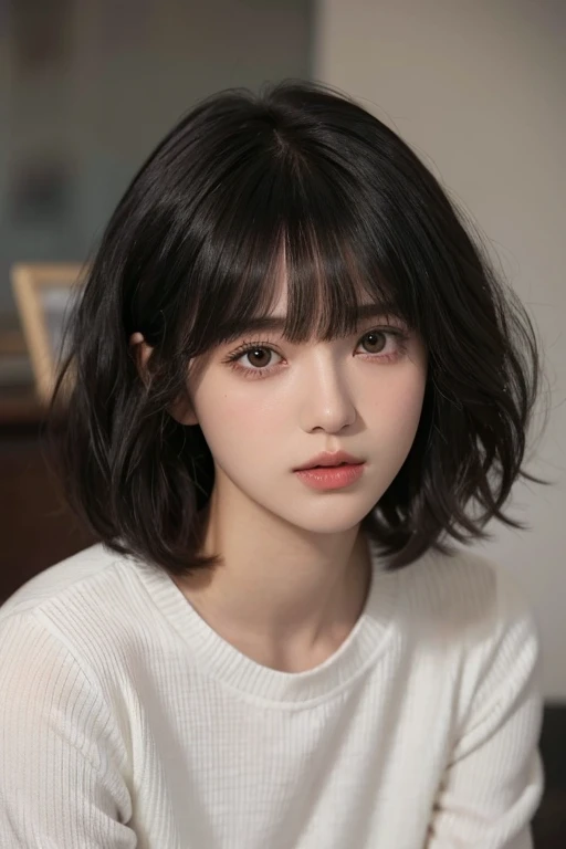  close-up of a man wearing a white shirt , Sitting down , Short hair, White Hime cut hairstyle, Short hair Have bangs, 🤤 Image of a young woman,  Southeast Asia with a round face, she has black hair Have bangs,  real life anime girl , neat hair Have bangs,...