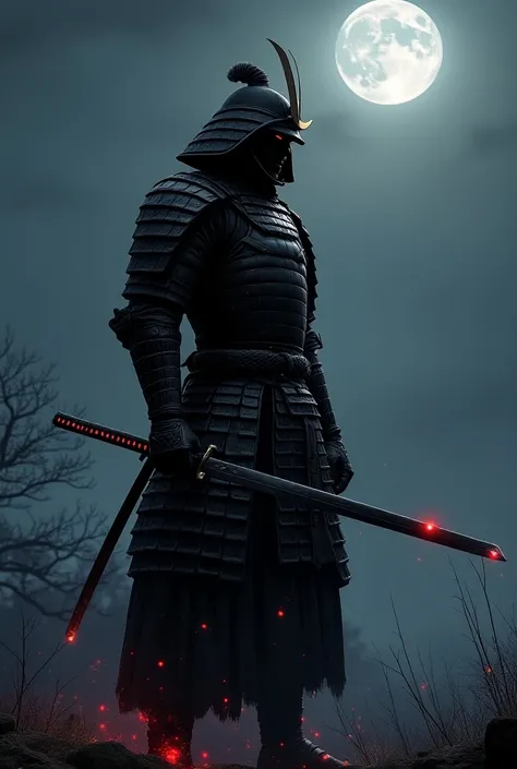 A samurai in black armor,seen from the side with the katana in its sheath ,  with some small details in bright bloody red and with the moon behind the character