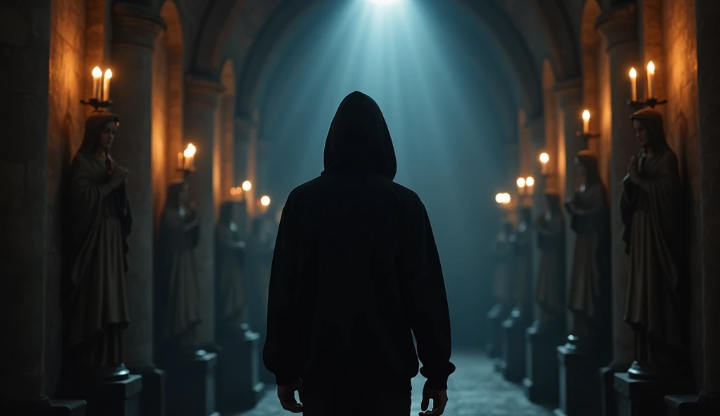 inside a church at night, close-up of the back of a young man in black clothes and a hooded sweatshirt walking in the dark corridor of the old church, there are statues of saints on both sides, the candles illuminate the sinister environment