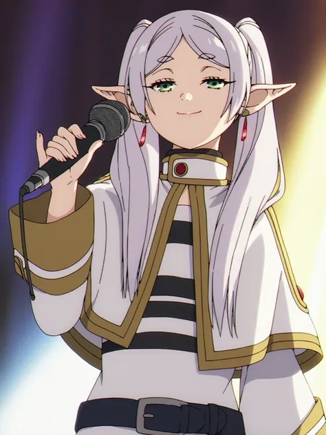 1girl, sfrieren, solo, elf, pointy ears, silver hair, white hair, green eyes, small breasts, flat chest, BREAK
robe, black pantyhose, brown boots, belt, capelet,,, naughty face, closed mouth, smile, half-closed eyes, upper body, BREAK
 , (singing song:1.6)...