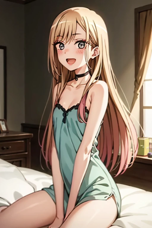 ((Best Quality)), ((masterpiece)), (be familiar with),  perfect face, indoor, bedroom,  viewers,
One woman, Kitagawa Marin,
Open Mouth, Ecstatic expression, blush, smile,
Small breasts,  flat chest, , , , Girl,
Long Hair, Long Hair,
Leg spread,