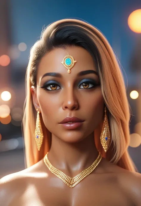 "25 years Indian lady in classic Indian attire.Portrait of an Indian Instagram model posing at an urban rooftop, adorned in vibrant ethnic fusion wear, golden hour lighting creating soft bokeh, hyper-detailed skin tones, intricate jewelry reflecting lens f...