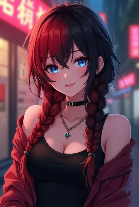 Anime gal with red and black braided hair and blue eyes wearing casual clothes 
