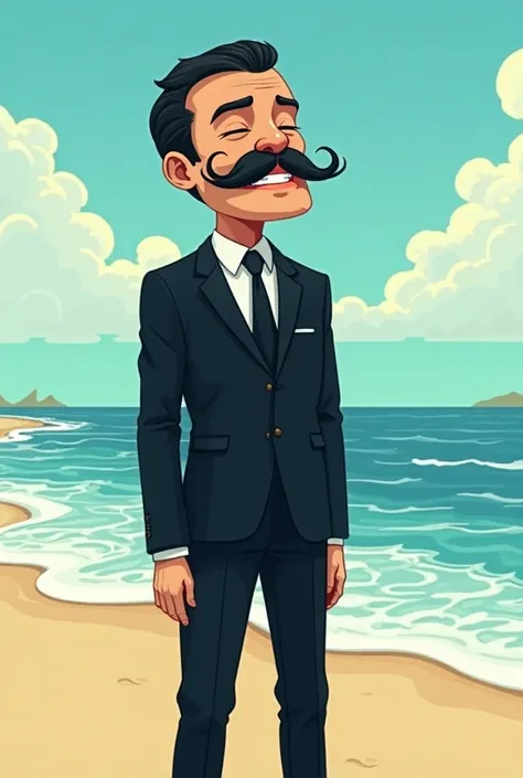 A man with a thin mustache and a black suit with the face of enduring laughter on the shores of the sea American comic