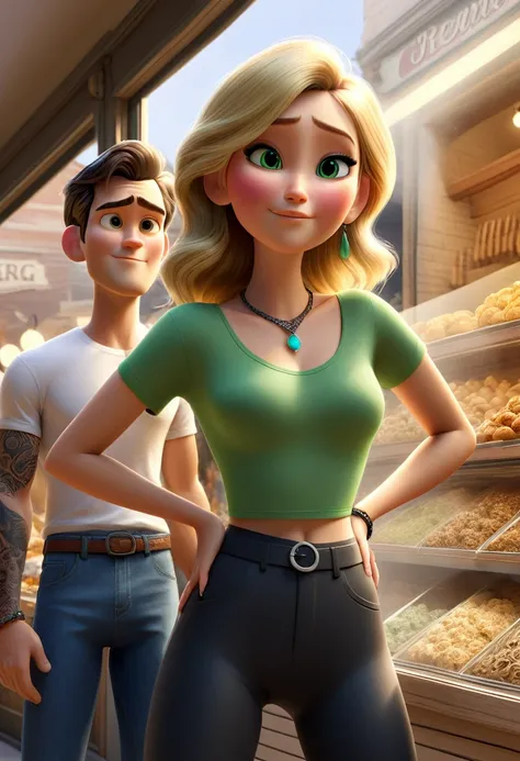 pixar mom,  a close-up depicts a young couple standing shoulder to shoulder in front of a store window. The man on the left side of the frame is wearing a gray T-shirt and black pants. His arm is decorated with a black tattoo, while his hand is in his pock...