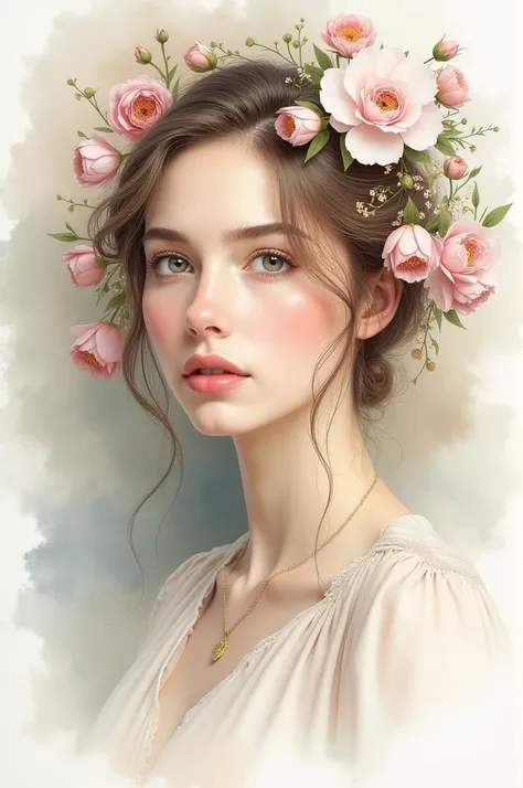 A watercolor portrait of woman with flowers 