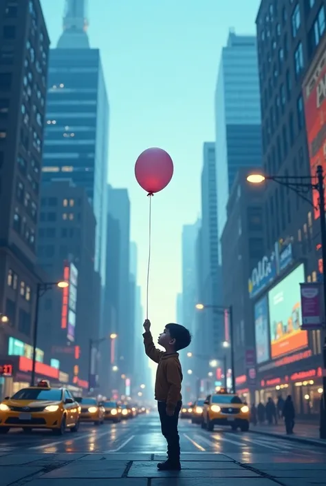 Try to create a horizontal image of a boy holding just a balloon in a New York-style city with a bluish background