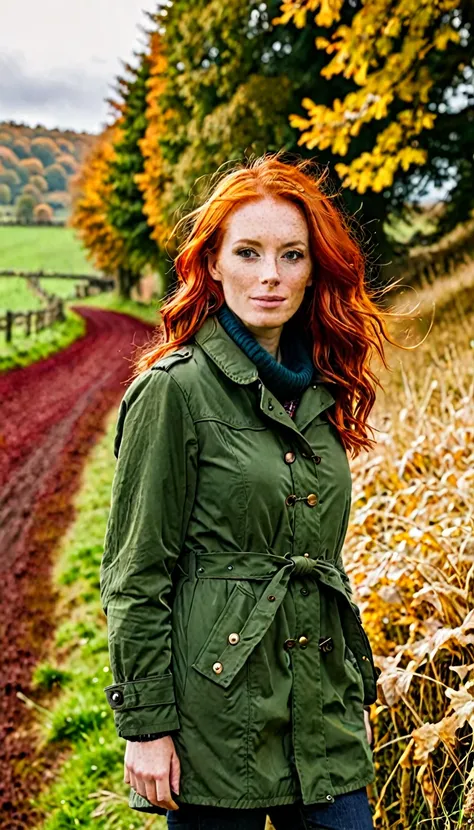 a woman (red hair) in the countryside with autumnal weather