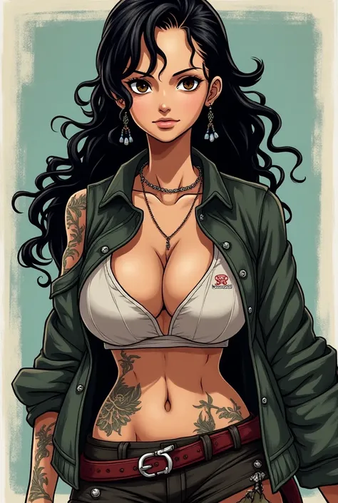  Create a stylish character from the anime one piece woman with long curly hair with small pendants and slightly smaller brown and almond eyes , without too much bust , the plan,  punk clothing and even sea clothing ,  without such delicate features  , Be ...