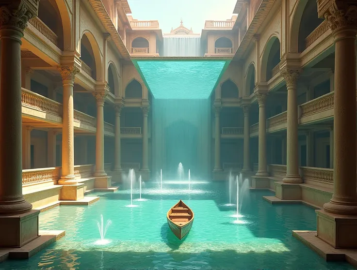 A huge, ancient Indian multilayer bathhouse with many waterfalls inside a palace with two huge pools. The main attraction is the transparent, rectangular upper swimming pool that hangs from the ceiling with pillars. And The huge lower pool surrounded by mu...