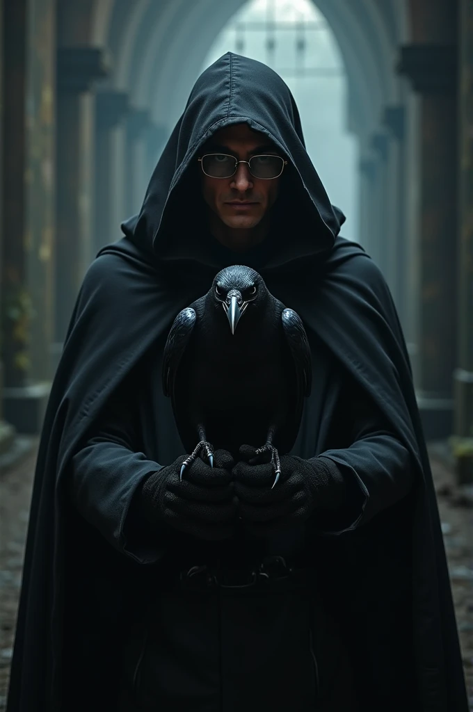 man with glasses wearing black cloack and black clothes with a crow in his arm