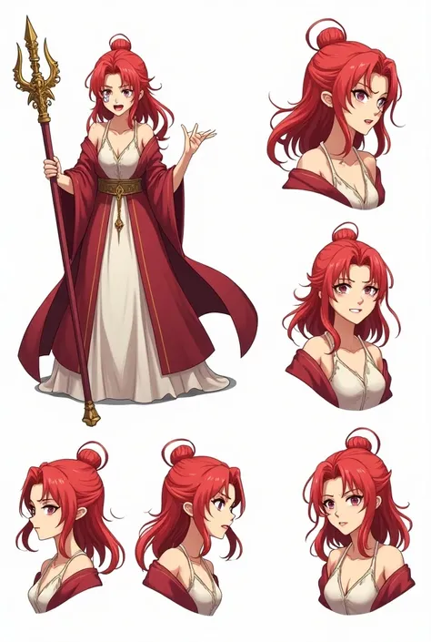 masterpiece, best quality, Anime manga tropical, red hair girl A Ragnarok Online  style image of a high wizard , different mood, crying face ,angry face, smile face, boring face,character sheet, in the style of ren book illustration, isolated on white back...