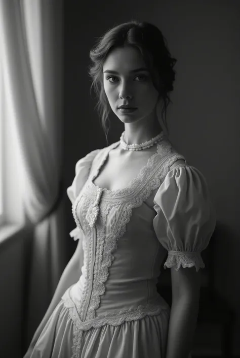 b&w old photo of a victorian woman posing to the camera, soft light, 8k