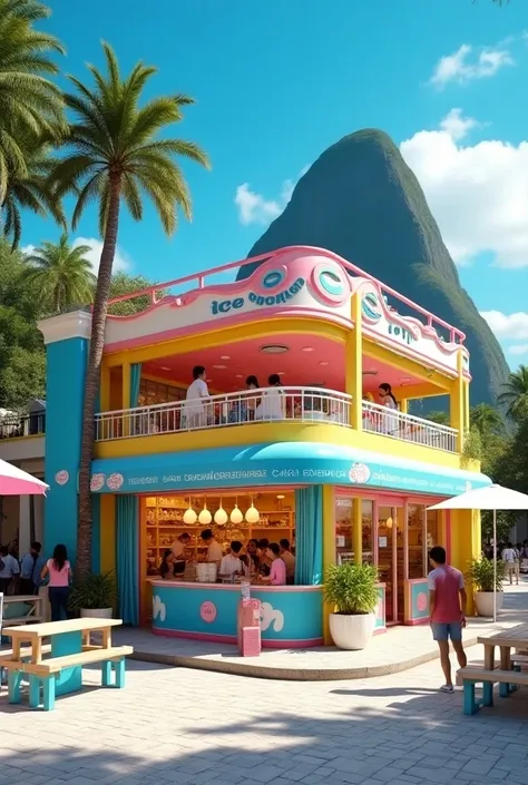 an ice cream shop , Called Ice Pop . in the colors blue, yellow and pink. in rio de janeiro,  next to the beach and with the sugar loaf in the background.  with two floors and large glass windows, showing inside