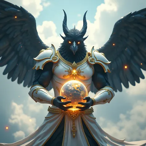 Muscular Anthropomorphic black Crow god with black wings, half saint half demon, glowing white and gold armor, holding the earth in its hands, creating the earth, positioned in the clouds, lights shining on him, colossal glass sky palace in the background,...