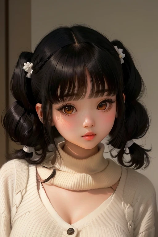 a close up of a woman with a white sweater and a black hair, twintails hairstyle, neat hair with bangs, pigtails hairstyle, she has black hair with bangs, fluffy bangs, two pigtails hairstyle, kawaii hairstyle, short pigtails hair, black hime cut hair, kor...