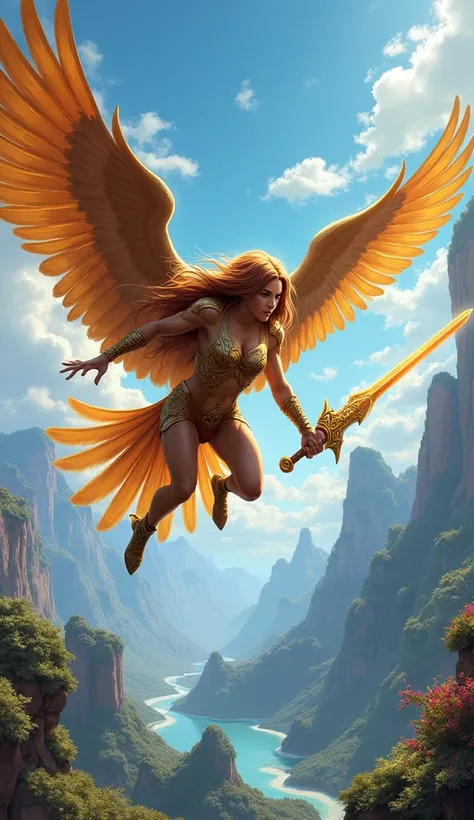 A female falcon with the courage and strength of She-Ra, who flies high, wielding a magical sword and fighting for justice in the lands of Etheria.