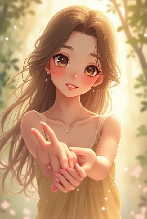 A beautiful smiling anime girl with long hair puts her foot in front of you