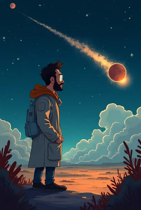 an animated cartoon about the panspermia theory , That a meteor is colliding with the Earth and a scientist looking from the back
