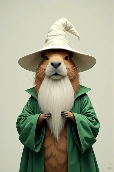 Create a picture of a capybara with a white beard and a white pointed hat and a green coat, wie in dem Meme green wizard