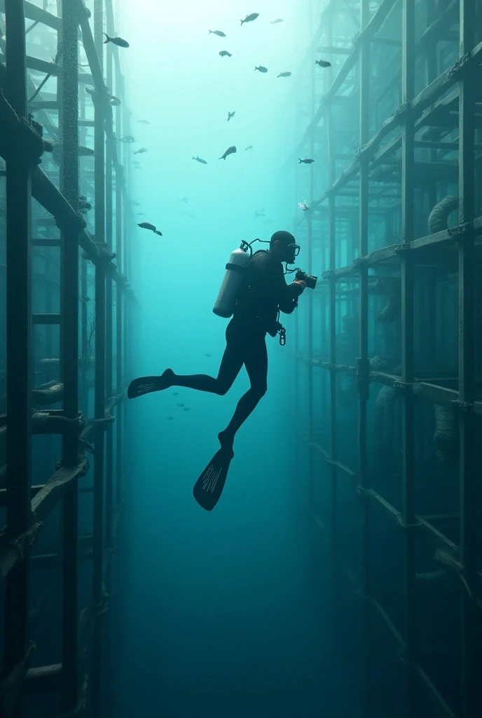 Diver filming hydroelectric grids in light tones