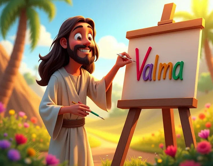 "A whimsical and vibrant scene depicting a character resembling Jesus in a Disney Pixar style. He is joyfully painting a canvas with the name Valma on it. The character has long hair and a warm smile, wearing a simple robe. The background features a sunny,...