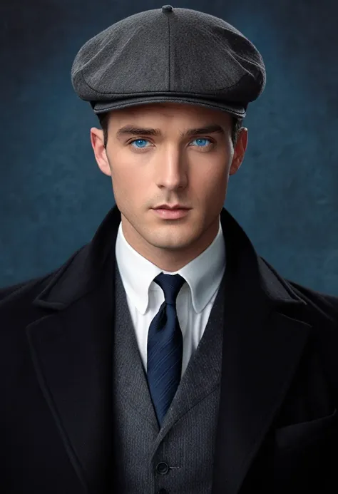 " Create a hyper-realistic image of a fair-skinned man wearing a classic formal suit with a dark overcoat, white shirt and dark tie.  He has a serious expression ,  blue eyes and wears a gray flat cap style hat that adds a vintage touch .  The background m...