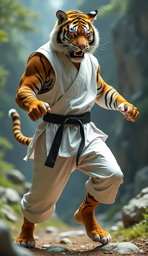 Siberian tiger metahuman wears taekwondo uniform 