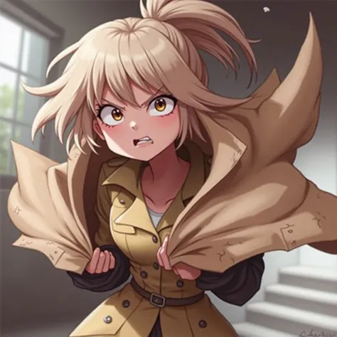 An angry girl with a trench in her hand 