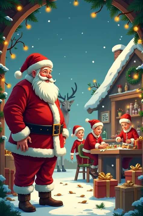 Make a Christmas flyer showing Santa with elves working and real Rudolfs