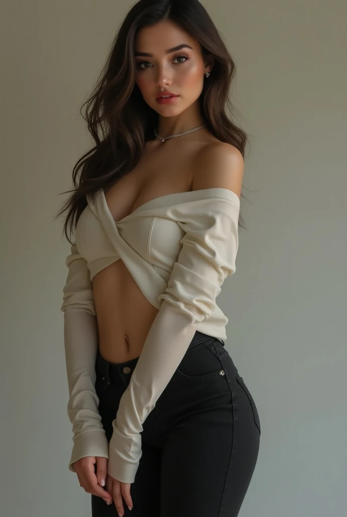 (photorealism:1.2), beautiful woman, standing up, wearing loose off-shoulder top and tight pants