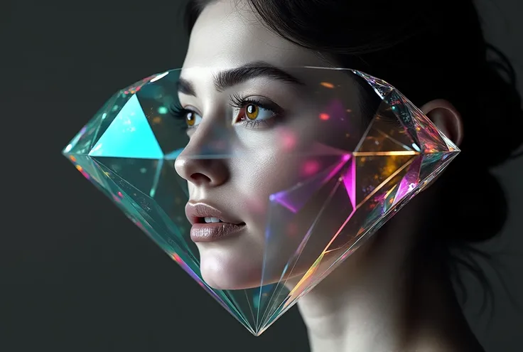 IMG_5471.CR2: ((Masterpiece)), ((ultra-detailed, 8k quality)), (high resolution), (best composition), a colorful gradients-type diamond overlapping with a monochrome photograph of a beautiful woman looking away from the viewer. Both images are seamlessly b...