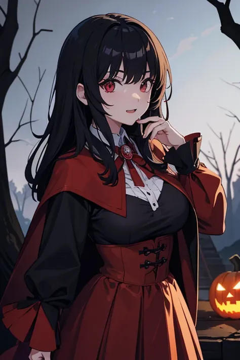 masterpiece, Best Quality,  High Resolution ， Follow the prompts 、 anime style、In anime style、 Draculas Girl 、 Black Hair Shortcut 、Red Cape、skirt with large canines、Against the backdrop of a dark forest with lots of jack-o-lanterns placed on the ground、Lo...