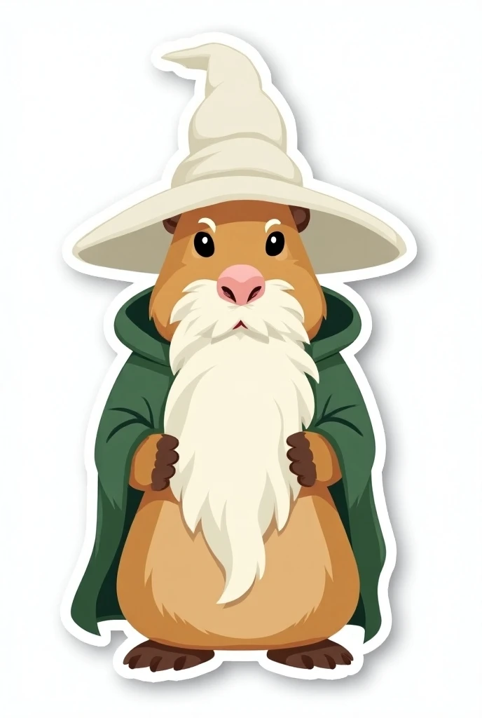  Create a picture of a capybara with a white beard ,  of a white pointed hat and a green coat ,   like in the meme Green Wizard
The image shouldnt look realistic,  but like a colored sketch or a sticker .  Make it smaller and more like a sticker
Let him go...