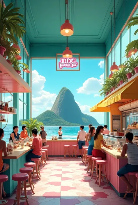 an ice cream shop , Called Ice Pop . in the colors blue, yellow and pink. in rio de janeiro,  next to the beach and with the sugar loaf in the background.  make it super busy and with two floors, large and wide open ,  with glass windows . realistic
