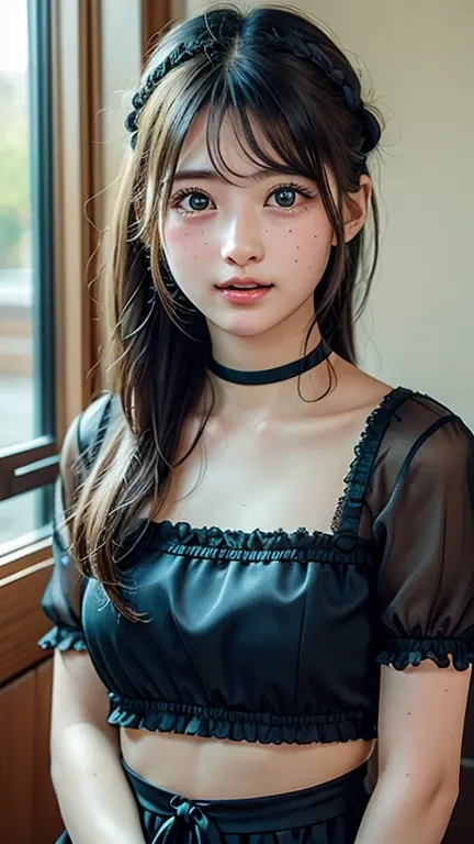 masterpiece、masterpiece、One girl per photo、( face close-up、 cowboy shot)、Front view from the front、Japanese、Very young and beautiful woman、( cutest girl in the world )、24 years old、Make your face smaller、Small breasts、Clevis、Wearing a cute black maid outfi...