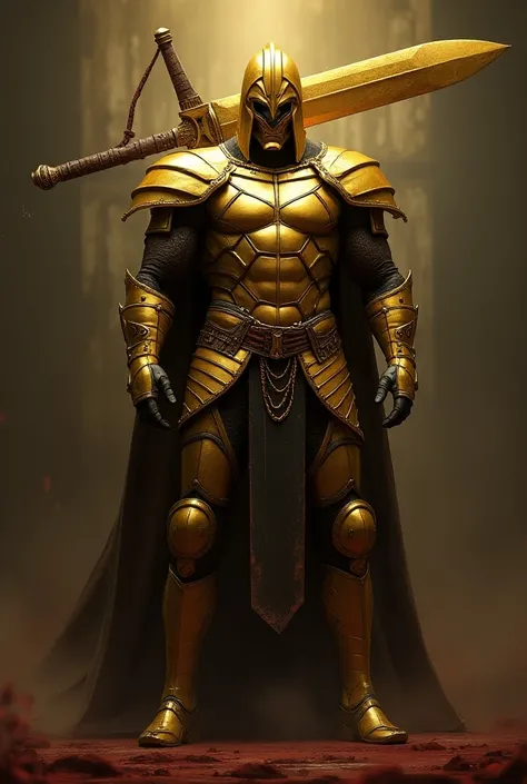  A character named  "Innamorta Dorado "  has a full-body gold armor with horizontal stripes and has a large sword larger than the character he carries on his back, His powerful mask attached to his armor only reveals his dark and evil eyes in that uara of ...