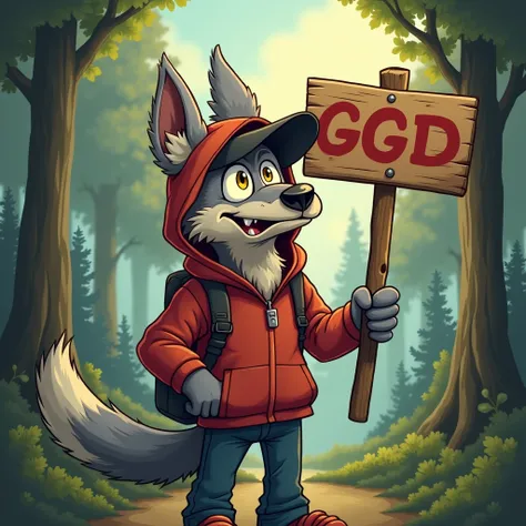 cartoonish dangerous wolf holding a sign nature photographer