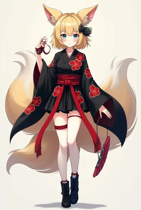 Kitsune girl with blonde hair gathered in 2 muffles and black stilettos cute face clear blue eyes light makeup dressed in a short black combat kimono embroidered with red orchids The belt is tied to a wide red ribbon to which 2 combat fans are attached to ...