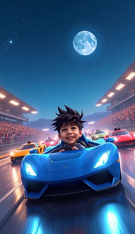  Generate an image of a  boy , with hair style tile ,  smiling and driving a blue sports car .  The Racetrack is full of people in the grandstand ,  where everyone is standing applauding the race .  The event takes place on a beautiful night .  The racetra...