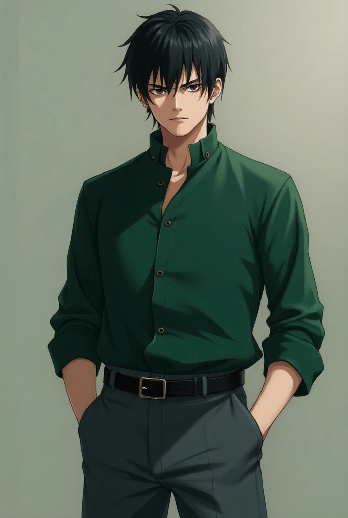  Draw a dark-haired anime man with brown hair ,  in a green sleeved outfit  , Its gray pants  ,  and hes also always serious . 