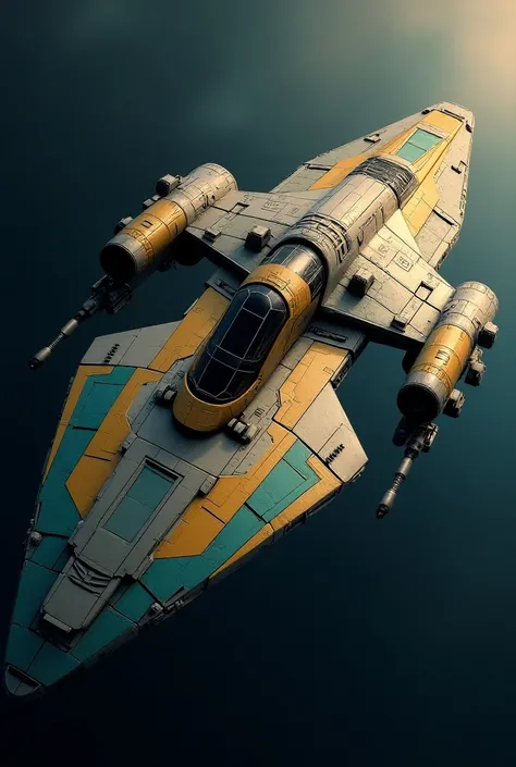 Star Wars Spache ship, Golden and Cyan Colors, Four Cannons - Two at each side, One Proton Torpedo Launcher at each side, Sleek and Great hull, Visible Big Command Bridge, Jedi Symbol at the side, Corvette-Class