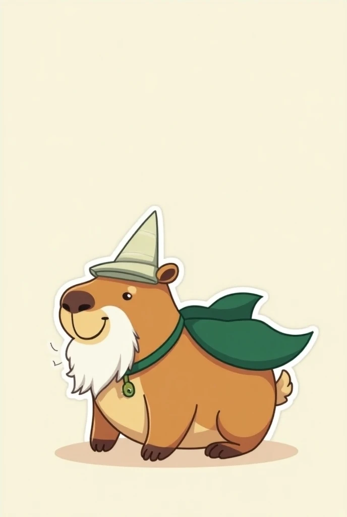 Male ein Capybara, Who wears a green cape ,  has a white pointed hat and a white beard .  The capybara should walk on all fours and the entire picture should look like a sticker. The capybara should lie down and not look human