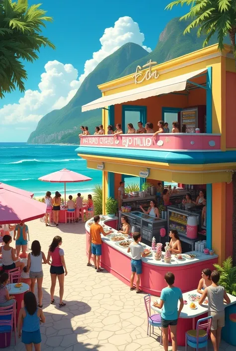 an ice cream shop , Called Ice Pop . in the colors blue, yellow and pink. in rio de janeiro,  next to the beach and with the sugar loaf in the background.  make it super busy and with two floors, large and wide open ,  with glass windows . realistic
