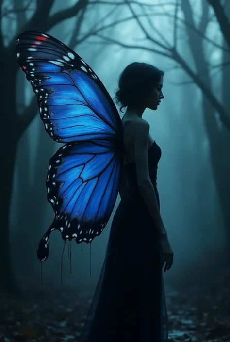 A person with a blue butterfly wing ,  with bleeding wings against a Halloween background 