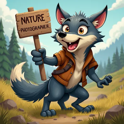 cartoonish dangerous wolf holding a sign nature photographer, nature photographer sign, digital art