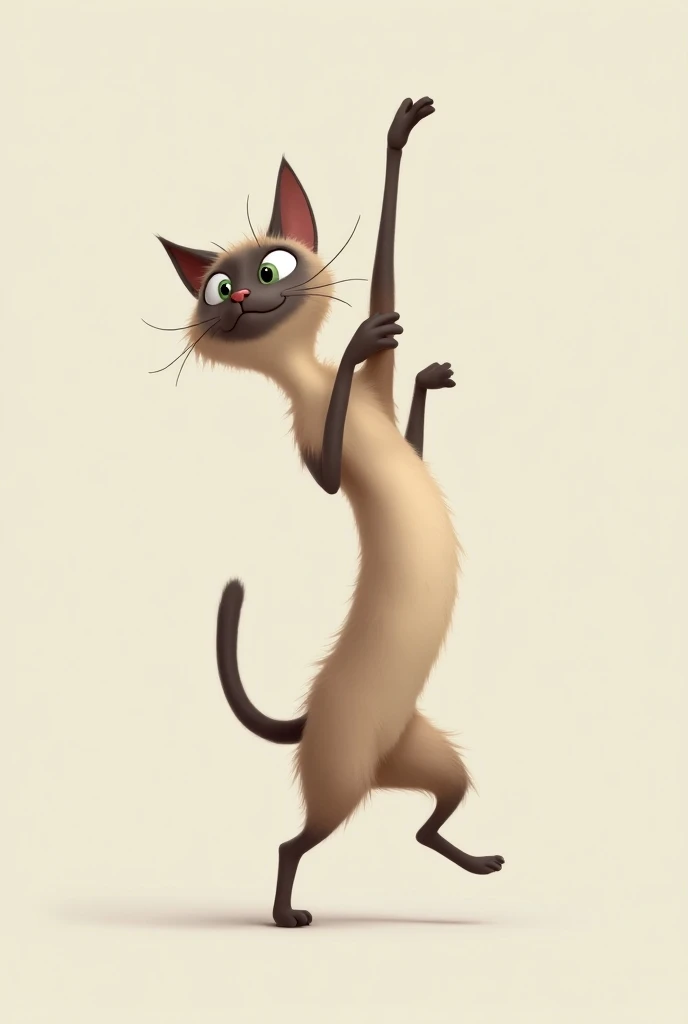 Siamese cat stretching shaggy is more cartoon than realistic