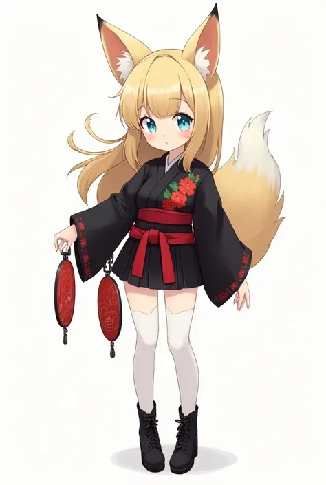  old Kitsune girl has 1 tail blonde hair gathered in 2 muzzles with black stilettos cute face clear blue eyes light makeup dressed in a short black combat kimono embroidered with red orchids The belt is tied to a wide red ribbon to which 2 combat fans are ...