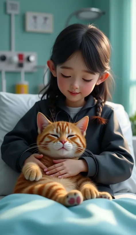 Realistic scene generate kro,Realistic Brown cat in hospital bed, black jacket pehny girl cat ko goud me uthany aye hai cat k pass, as doctor said cat is alright , girl usko ab ghr le kr jaye gi
scene generate kro